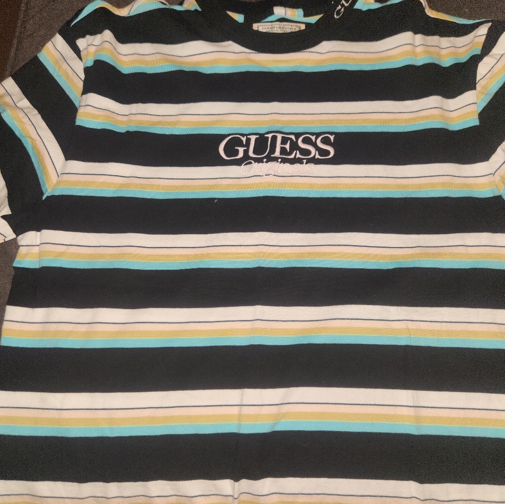 GUESS Multicolor Striped Tee - Black, White, Yellow, Blue